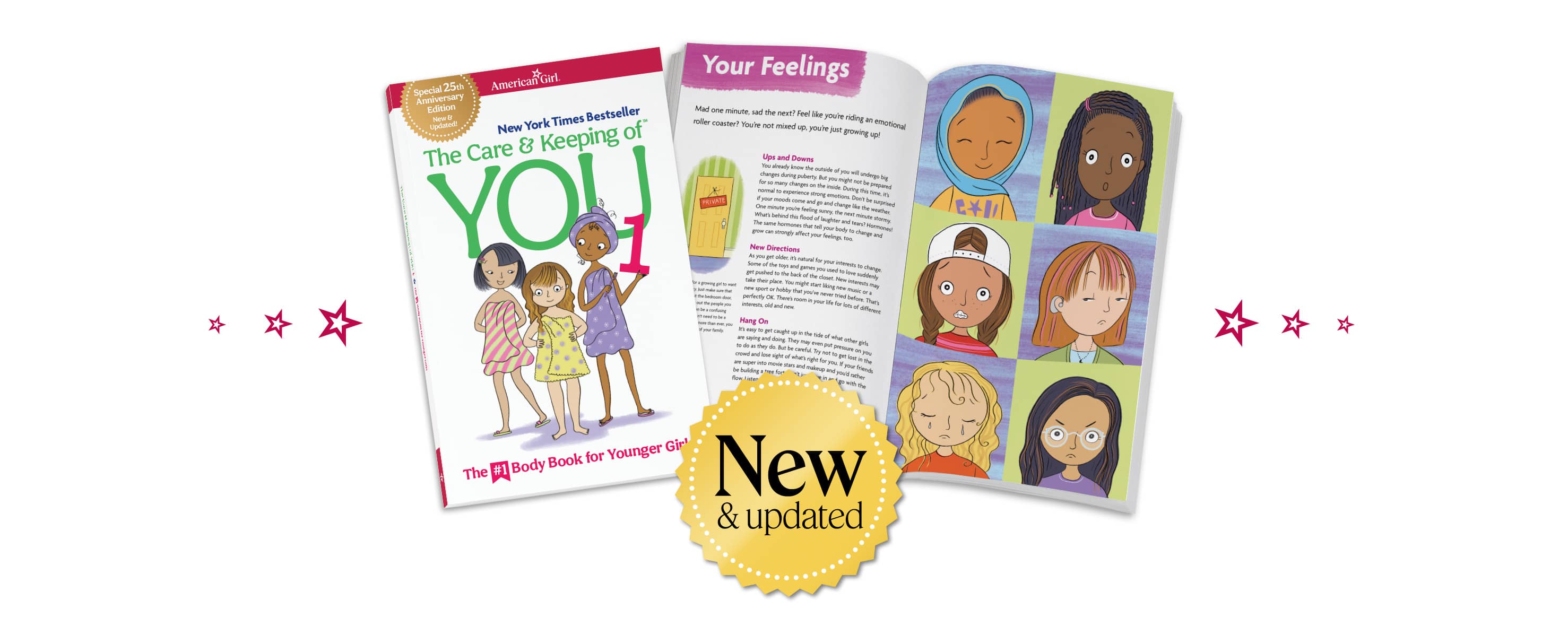 Care and Keeping of You book open with overlayed New and Updated gold badge