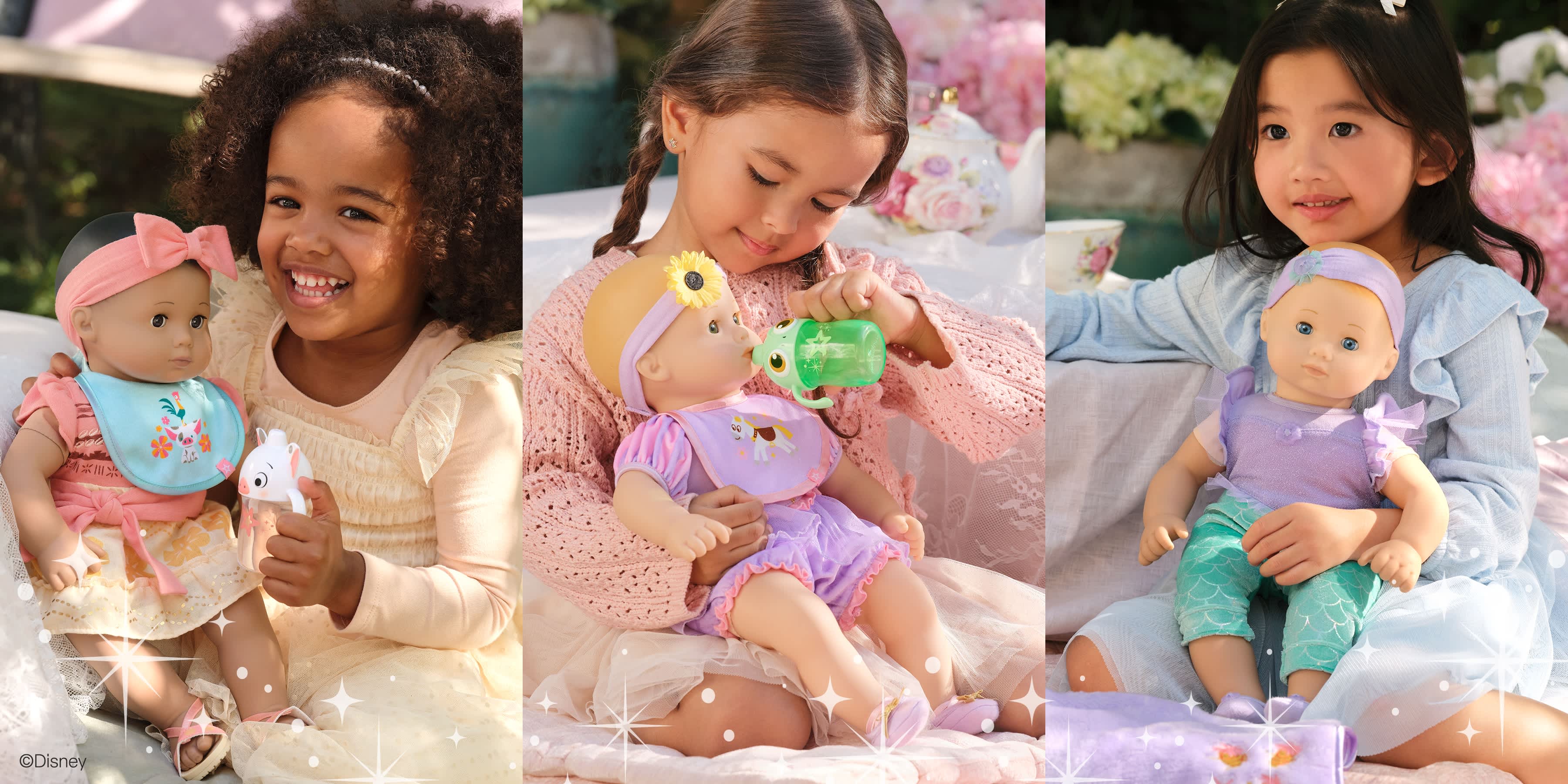 3 girls holding Bitty Baby x Disney dolls