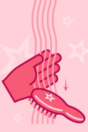 Illustrated hand with brush at bottom of hair