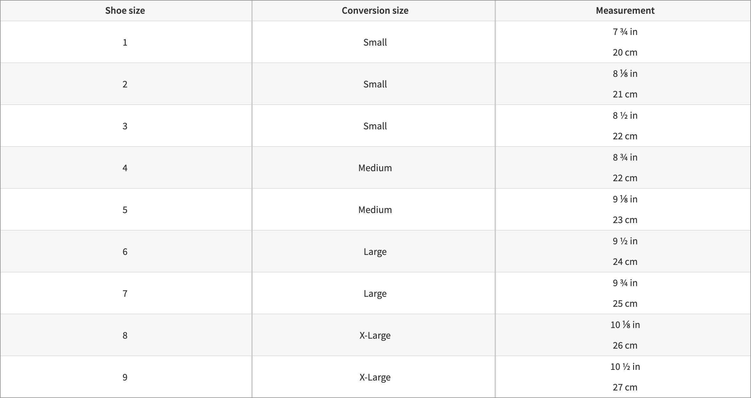 Girl Footwear Sizing Chart