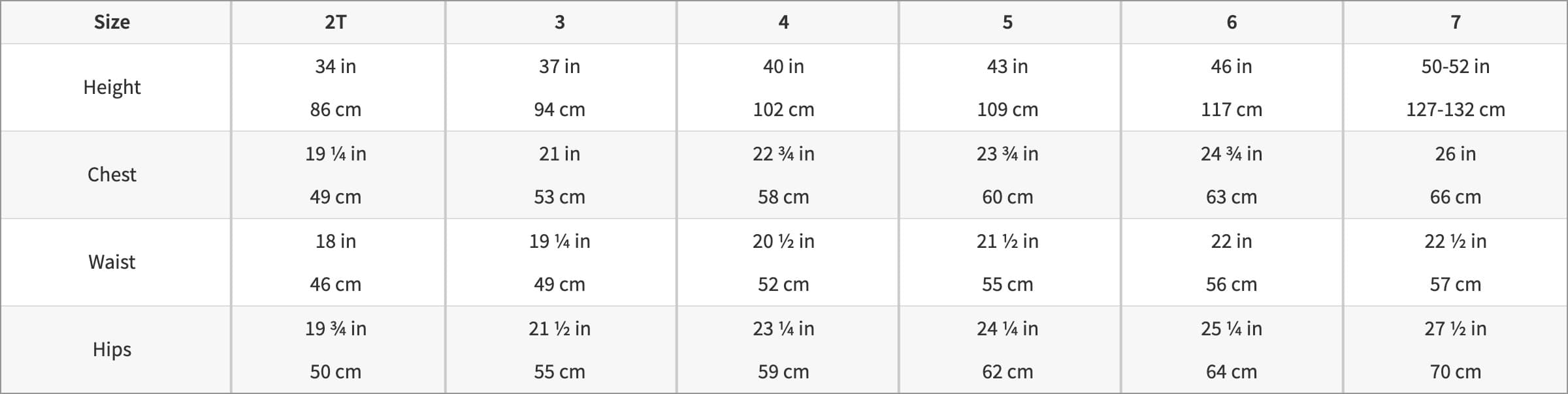 Little Girl Sizing Chart