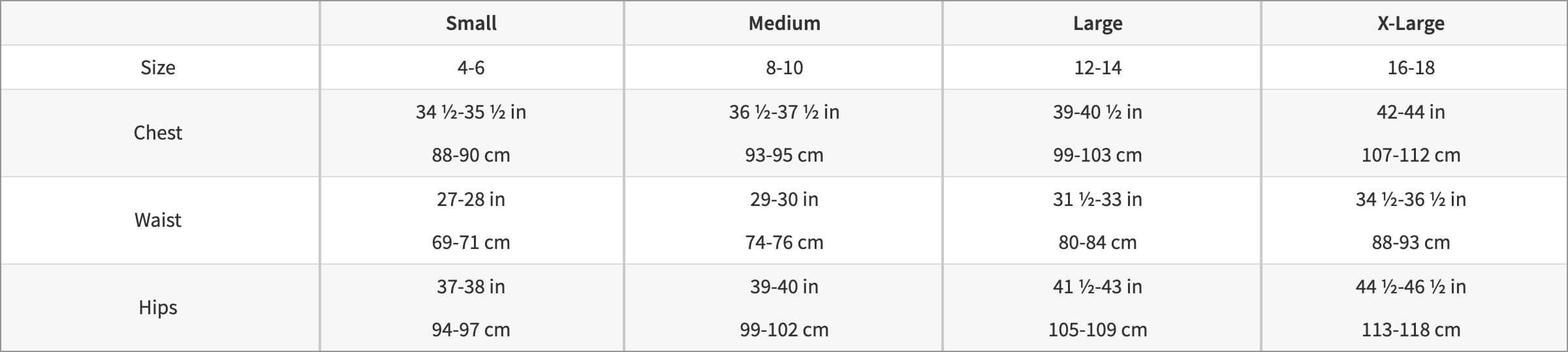 Women Sizing Chart