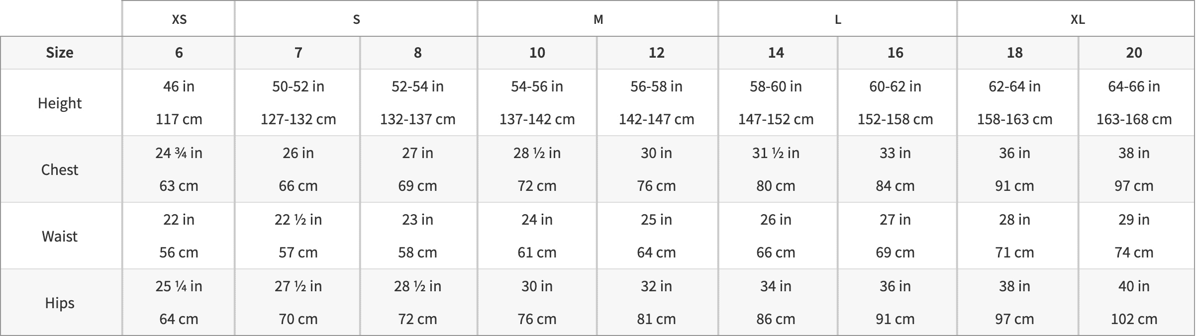 Girl Sizing Chart